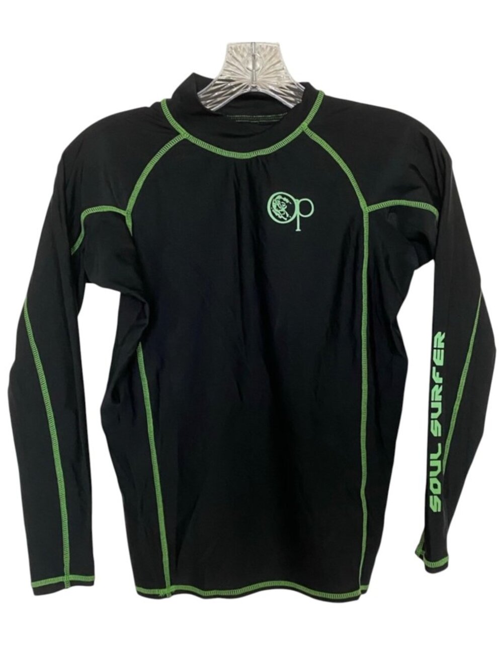 OP Ocean Pacific Soul Surfer Long Sleeve Rash Guard Swim Shirt Black Green SZ S